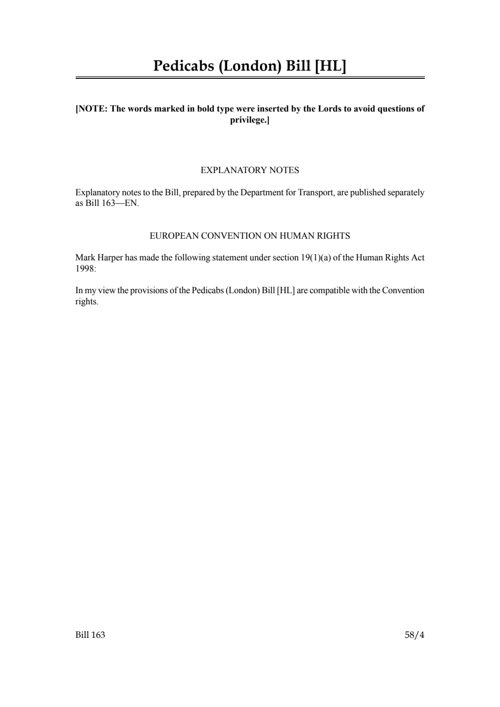 Pedicabs (London) Bill [as brought from the Lords]