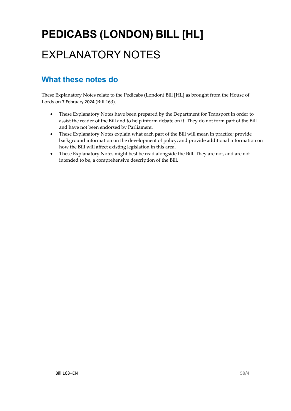 Pedicabs (London) Bill Explanatory Notes