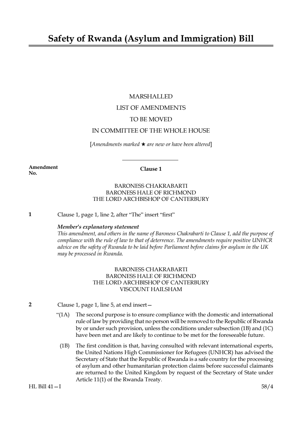 Safety of Rwanda (Asylum and Immigration) Bill Marshalled List of amendments to be moved in Committee of the Whole House
