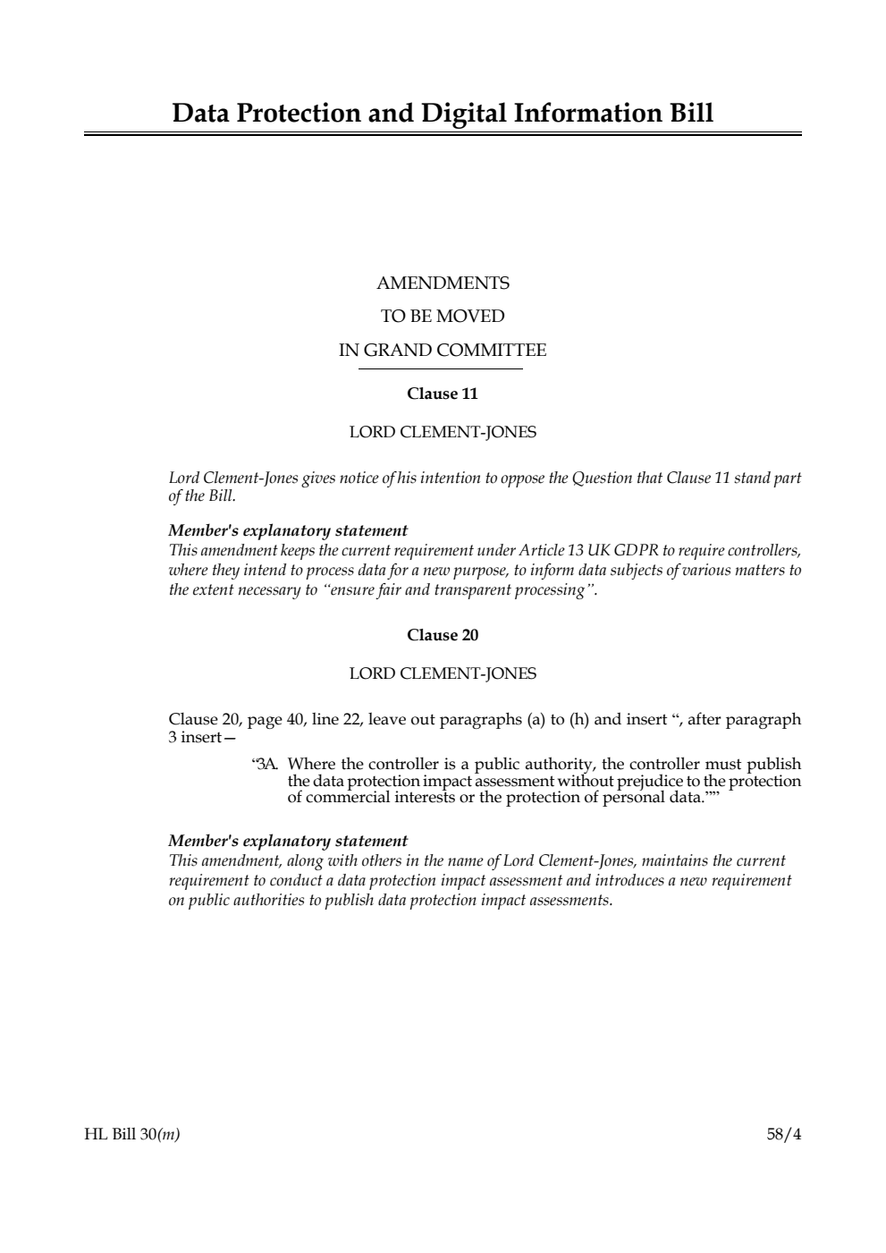 Data Protection and Digital Information Bill Amendments to be moved in Grand Committee