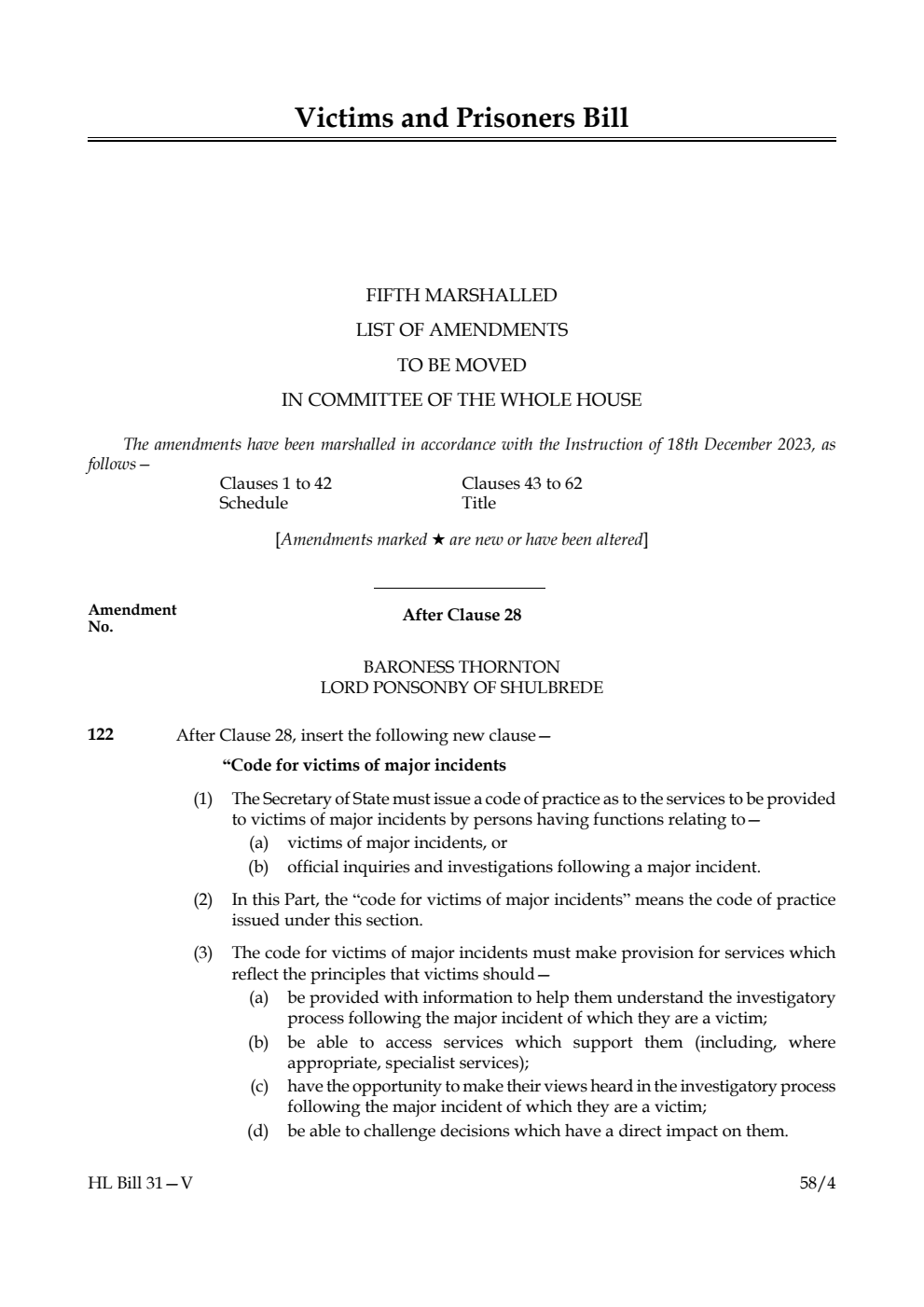 Victims and Prisoners Bill Fifth Marshalled List of amendments to be moved in Committee of the Whole House