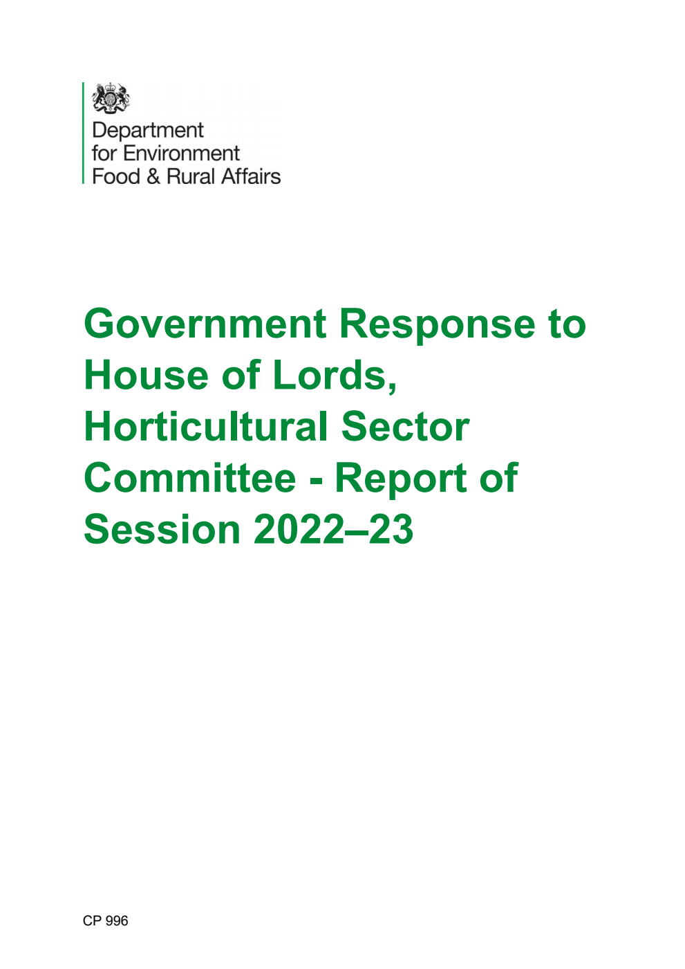 Government Response to House of Lords, Horticultural Sector Committee - Report of Session 2022–23