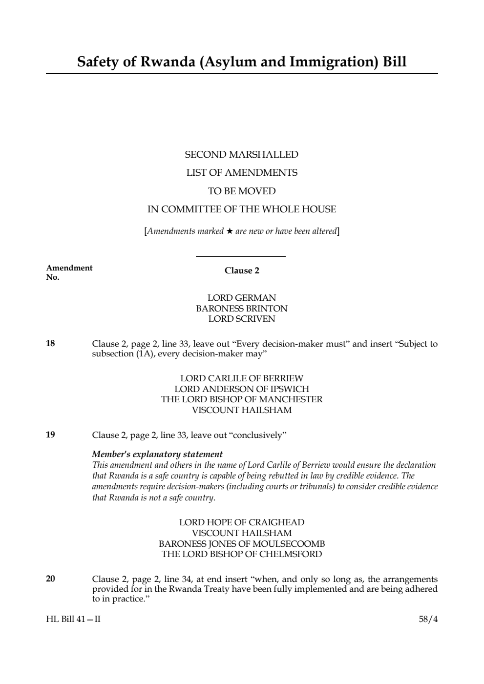 Safety of Rwanda (Asylum and Immigration) Bill Second Marshalled List of amendments to be moved in Committee of the Whole House