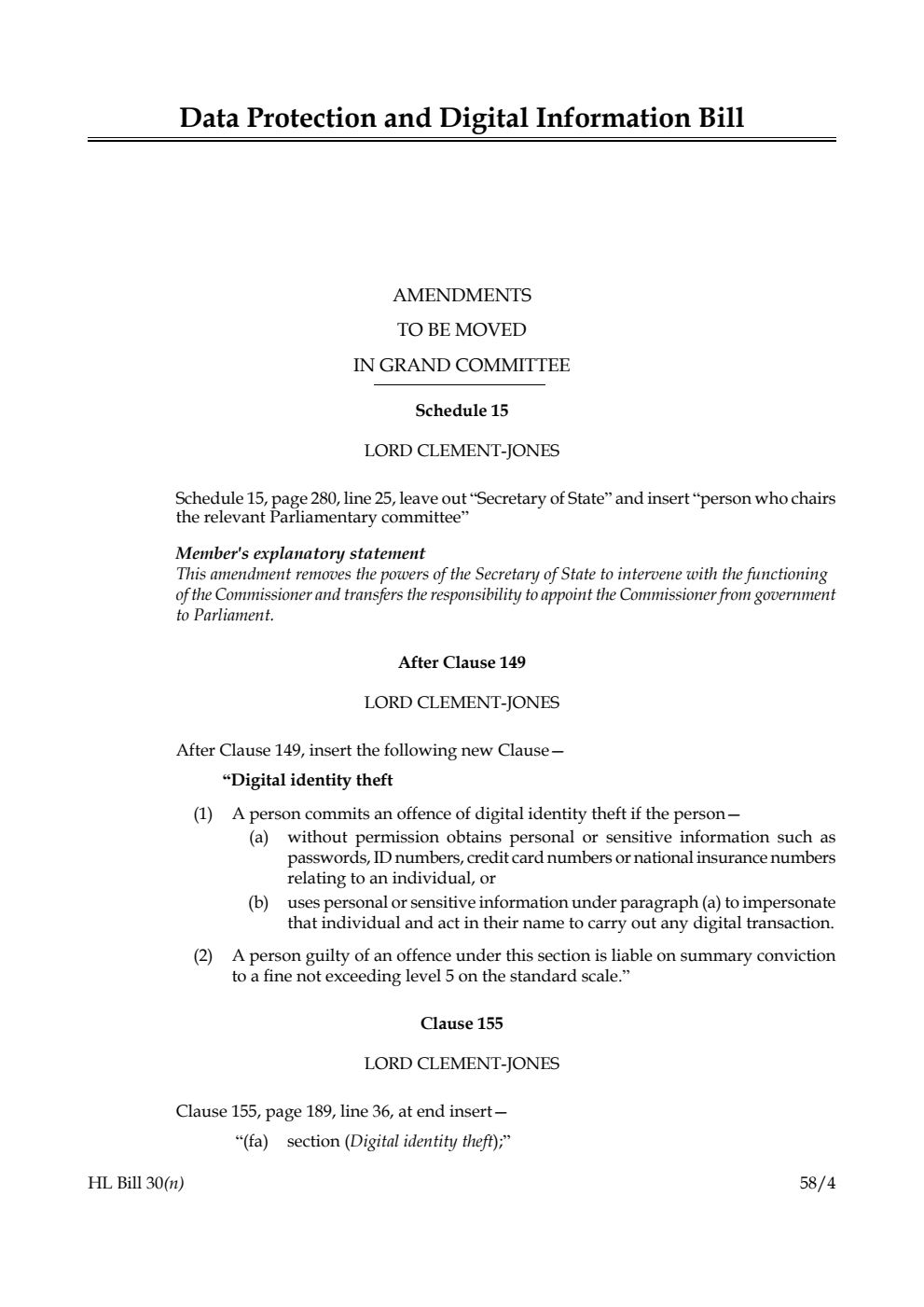 Data Protection and Digital Information Bill Amendments to be moved in Grand Committee