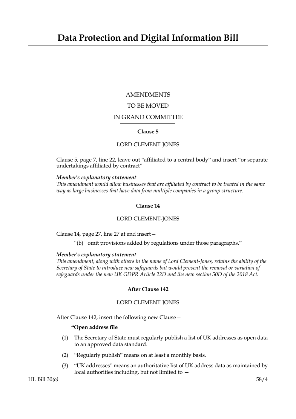 Data Protection and Digital Information Bill Amendments to be moved in Grand Committee