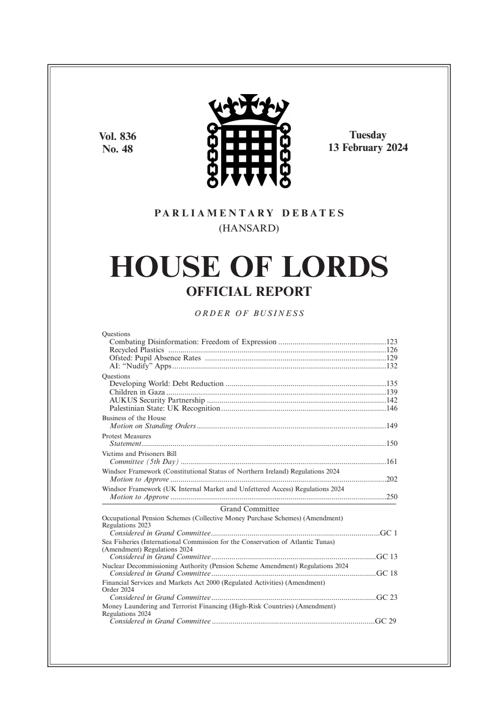 HOL Daily Hansard Vol. 836, No. 48 13.02.24