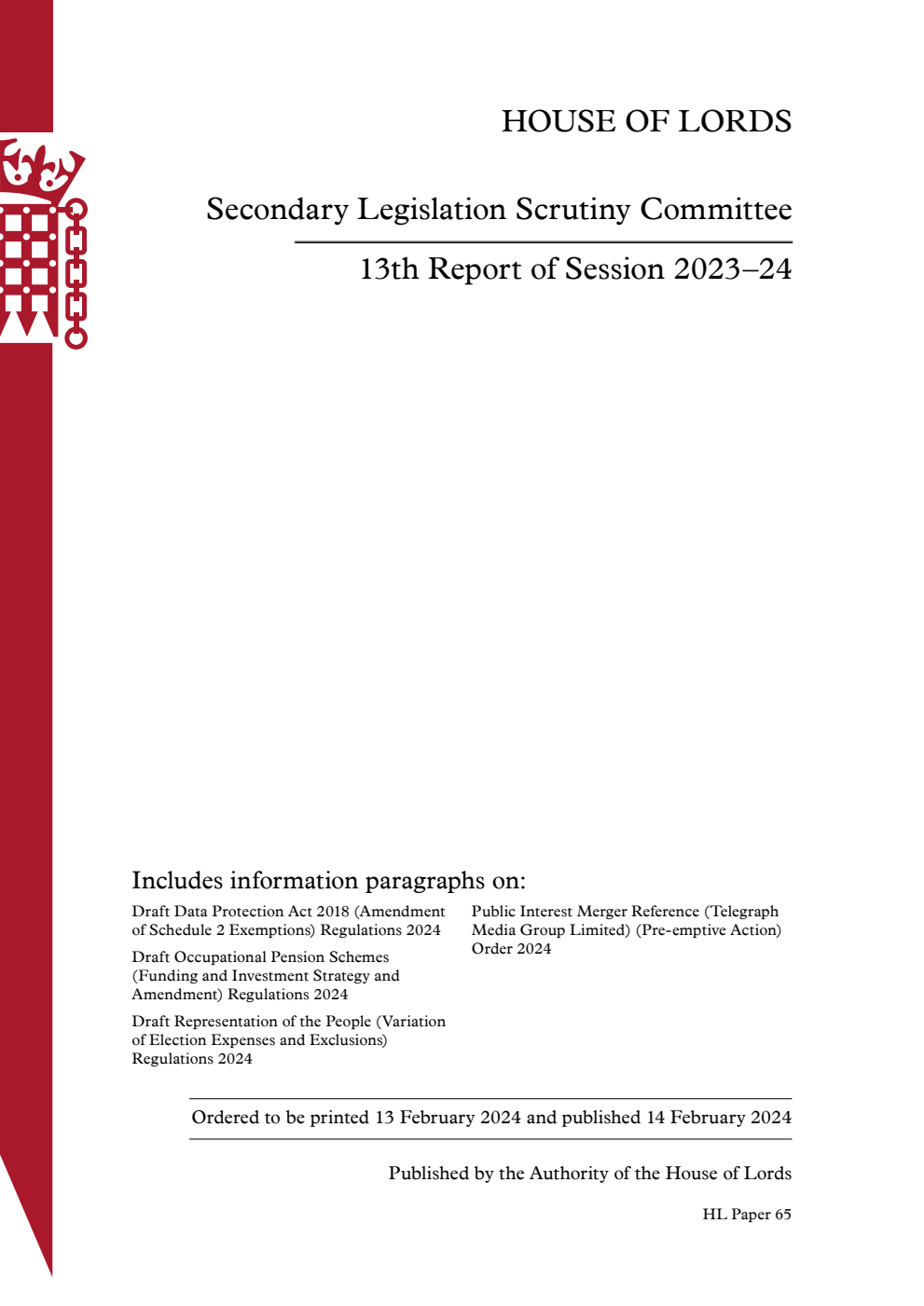 Secondary Legislation Scrutiny Committee 13th Report of Session 2023–24