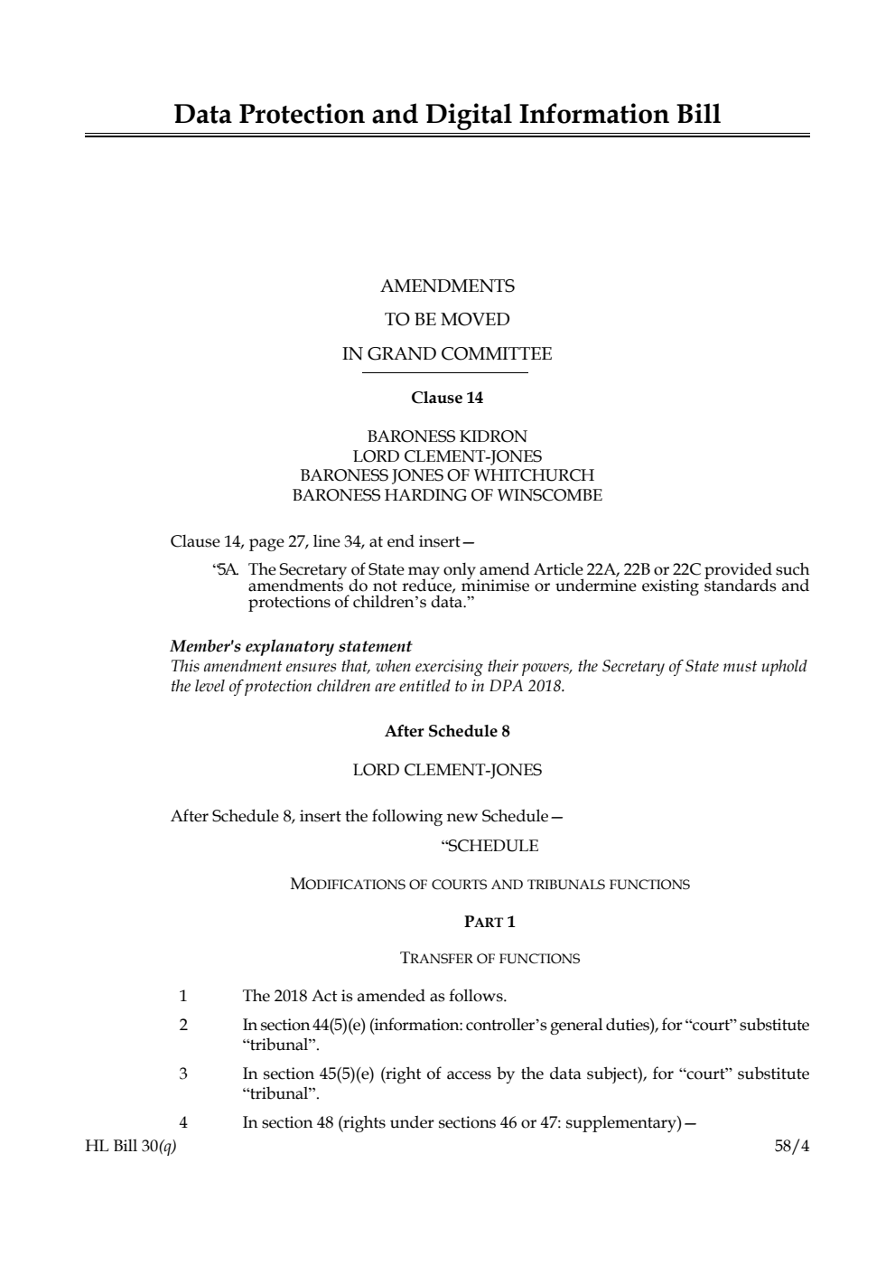 Data Protection and Digital Information Bill Amendments to be moved in Grand Committee