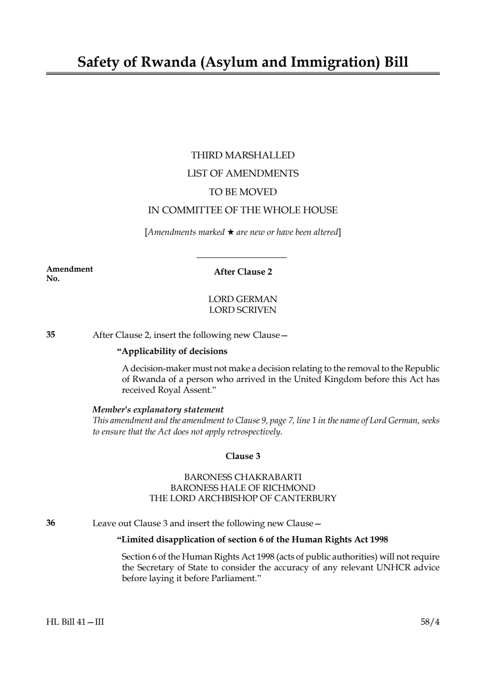 Safety of Rwanda (Asylum and Immigration) Bill Third Marshalled List of amendments to be moved in Committee of the Whole House