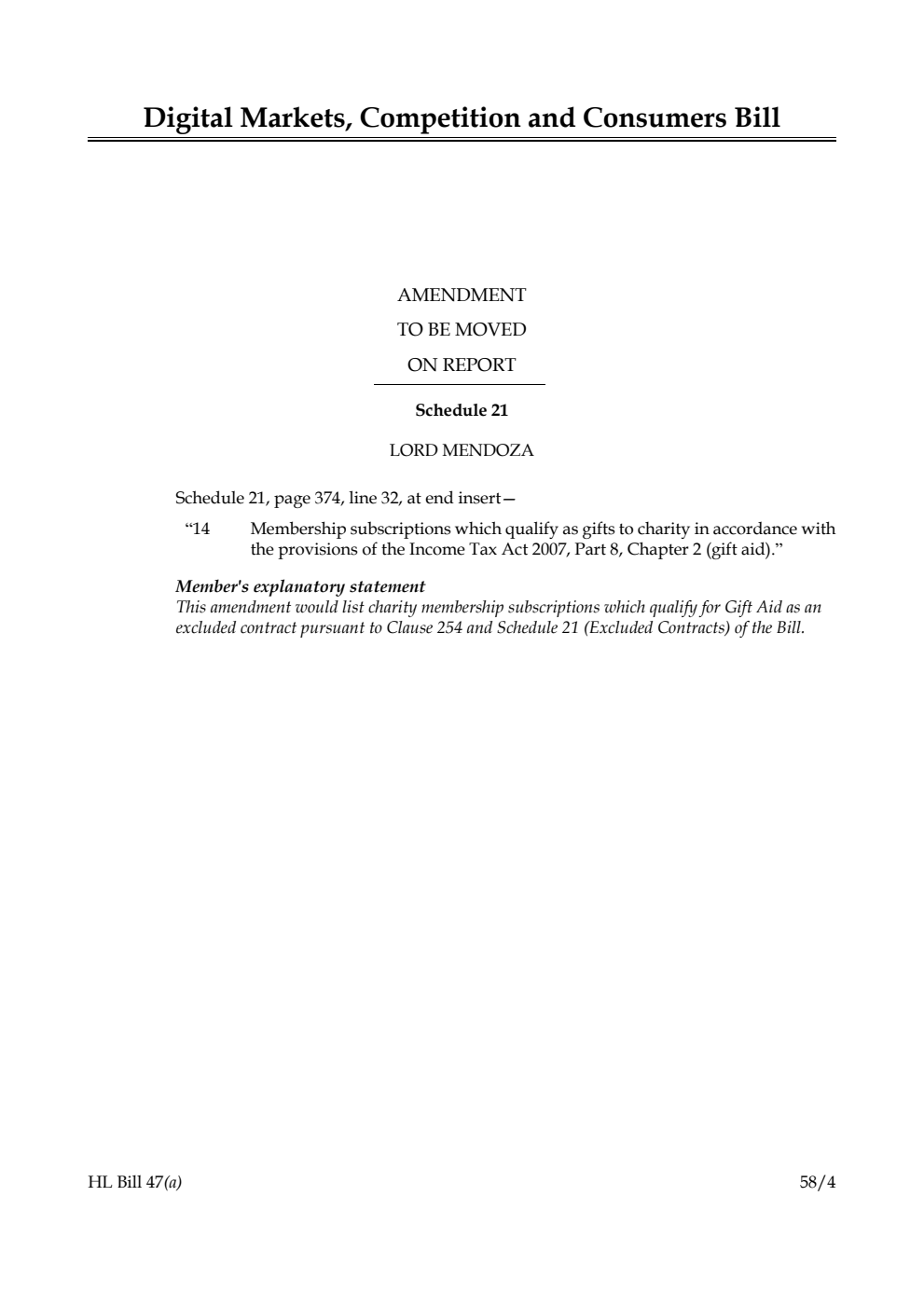 Digital Markets, Competition and Consumers Bill Amendment to be moved on report