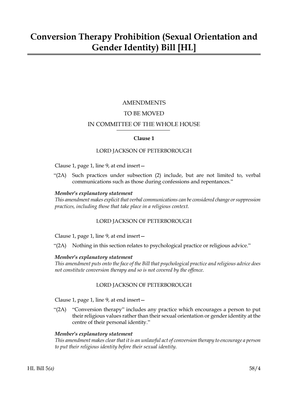 Conversion Therapy Prohibition (Sexual Orientation and Gender Identity) Bill Amendments to be moved in Committee of the Whole House