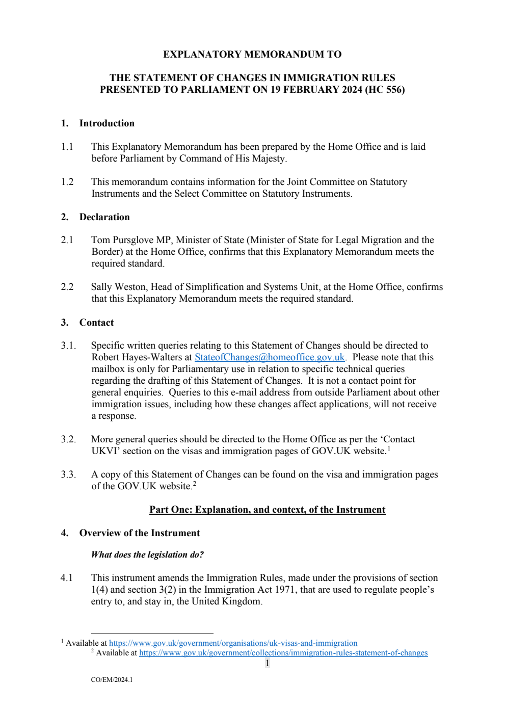 Explanatory Memorandum to the Statement of Changes in Immigration Rules