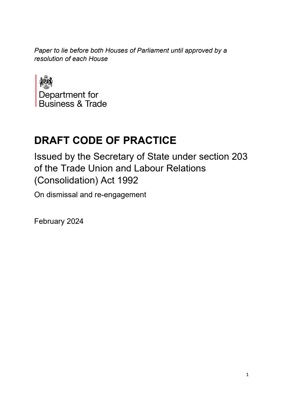 Draft Code of Practice on dismissal and re-engagement