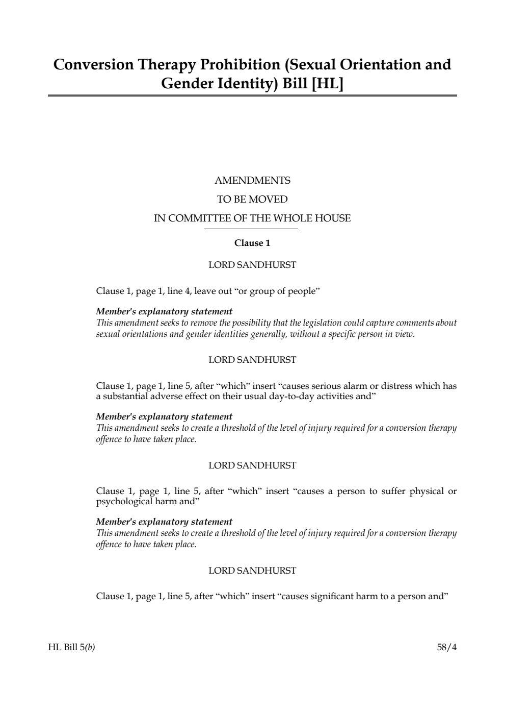 Conversion Therapy Prohibition (Sexual Orientation and Gender Identity) Bill Amendments to be moved in Committee of the Whole House