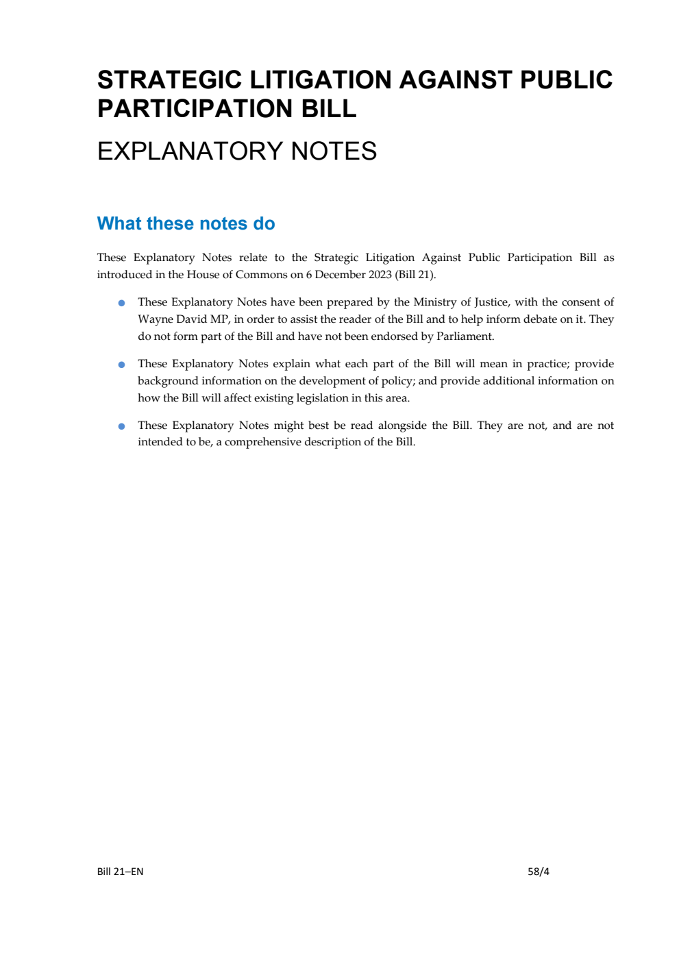 Strategic Litigation Against Public Participation Bill Explanatory Notes