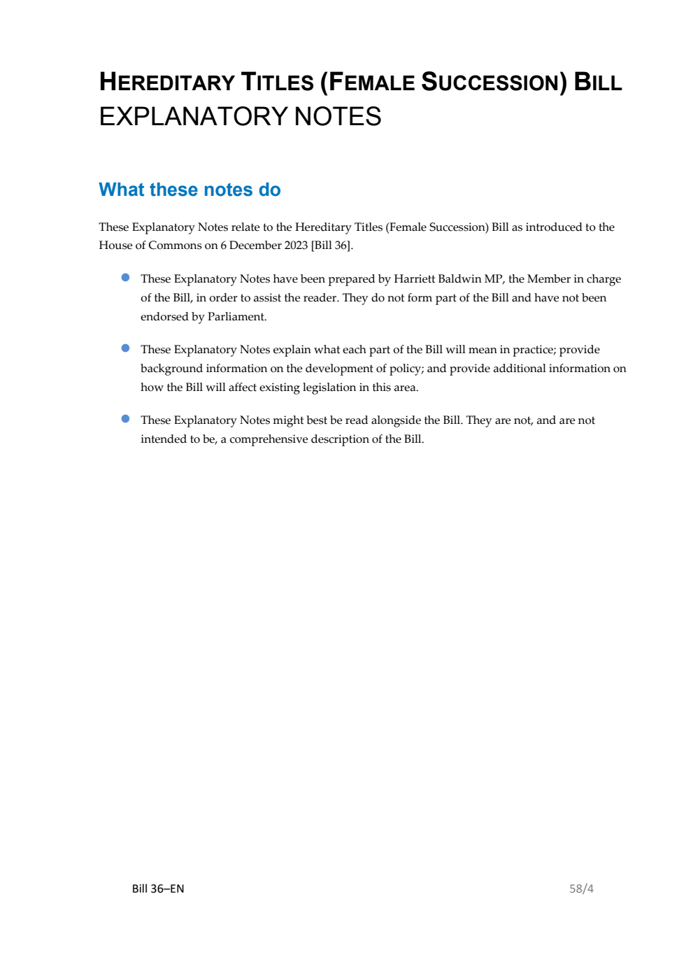 Hereditary Titles (Female Succession) Bill Explanatory Notes