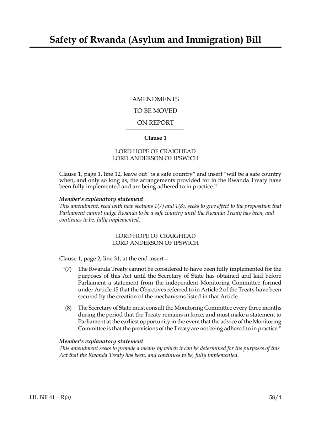 Safety of Rwanda (Asylum and Immigration) Bill Amendments to be moved on report