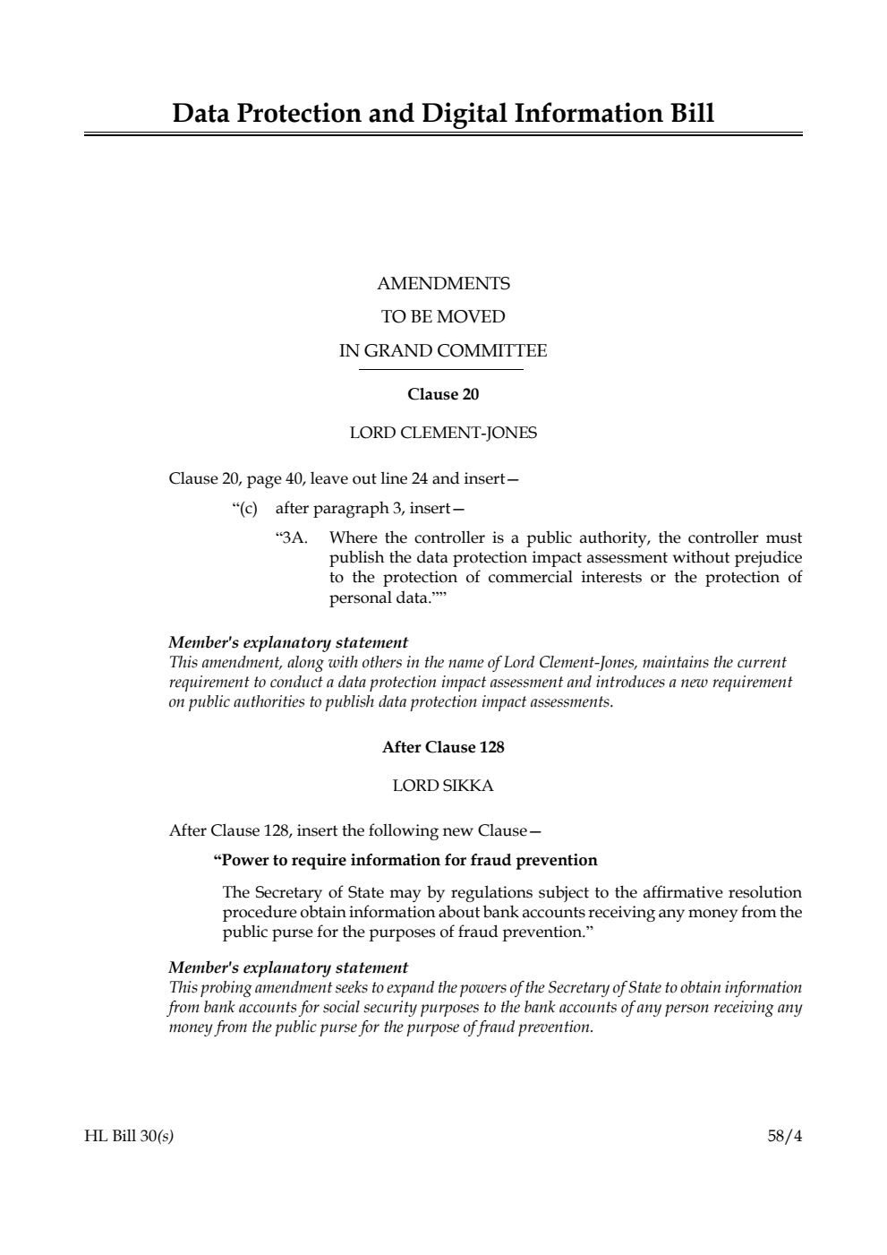 Data Protection and Digital Information Bill Amendments to be moved in Grand Committee