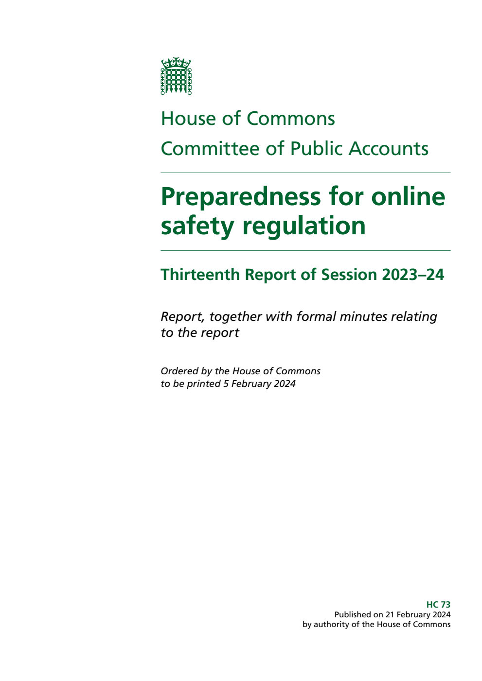 Public Accounts Committee 13th Report. Preparedness for online safety regulation Volume 1. Report
