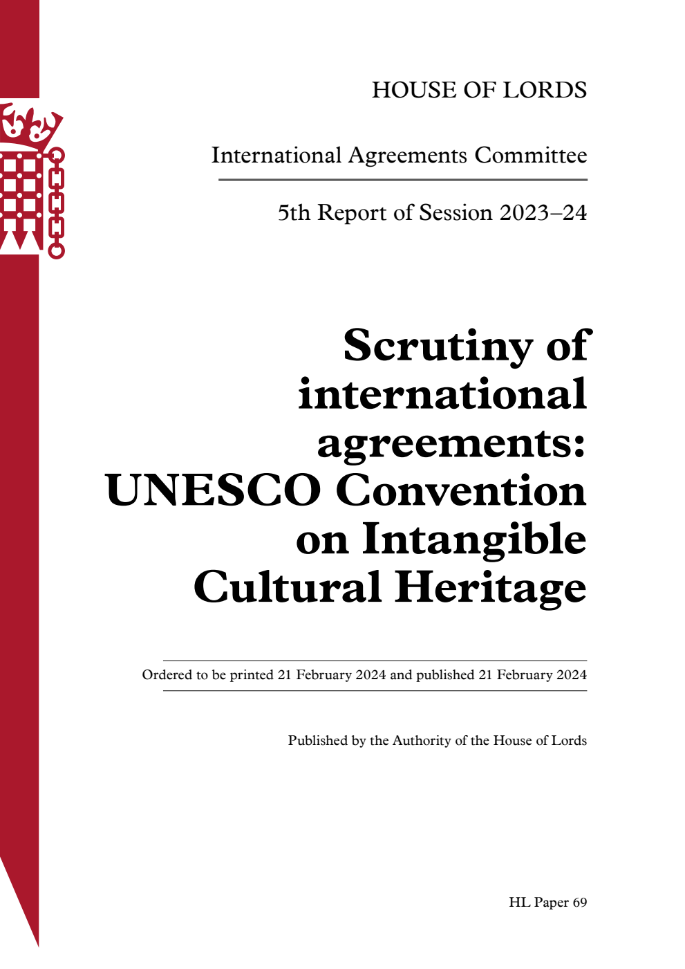 International Agreements Committee 5th Report. Scrutiny of international agreements: UNESCO Convention on Intangible Cultural Heritage