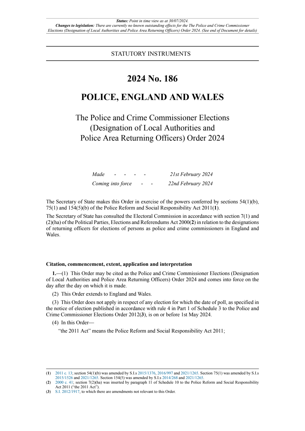 The Police and Crime Commissioner Elections (Designation of Local Authorities and Police Area Returning Officers) Order 2024
