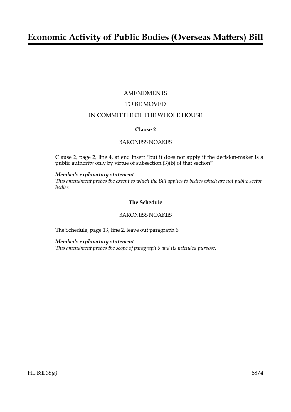 Economic Activity of Public Bodies (Overseas Matters) Bill Amendments to be moved in Committee of the Whole House