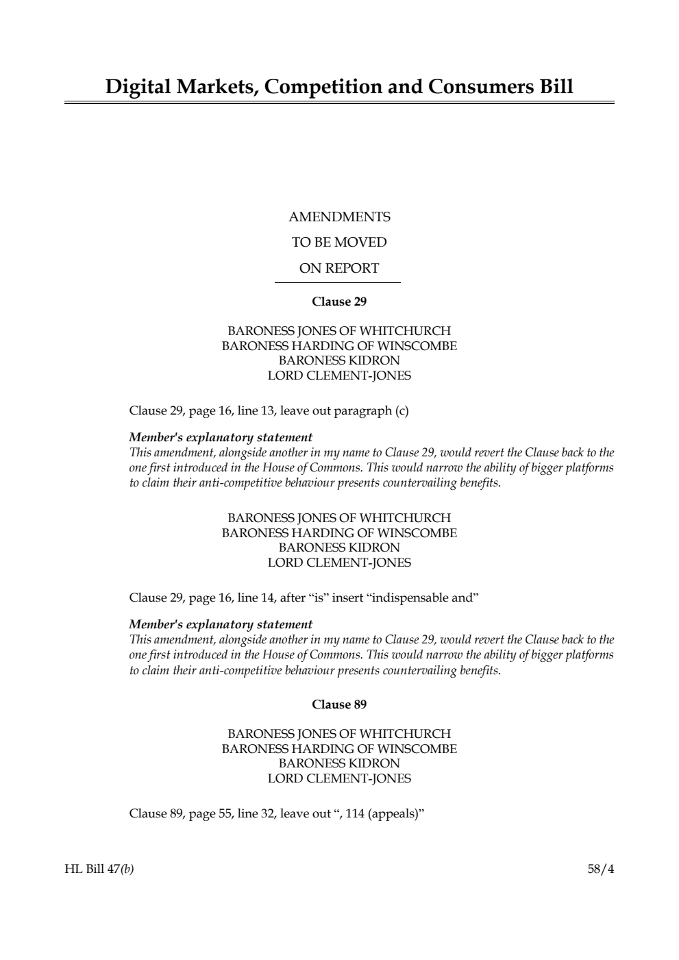 Digital Markets, Competition and Consumers Bill Amendments to be moved on report