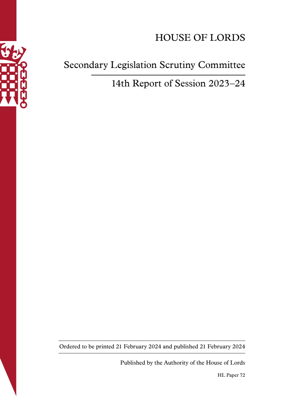 Secondary Legislation Scrutiny Committee 14th Report of Session 2023–24