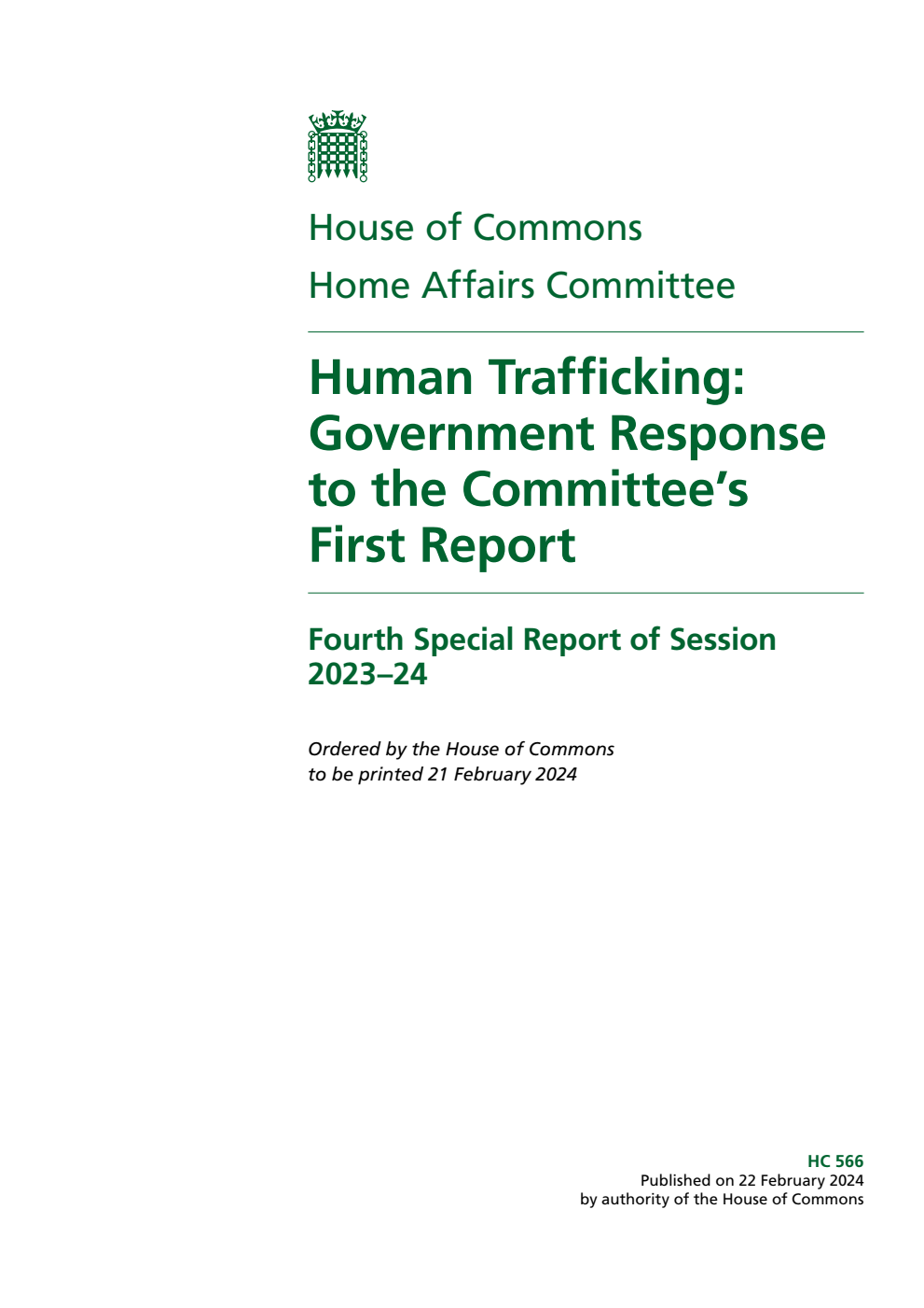 Home Affairs Committee 4th Special Report. Human Trafficking: Government Response to the Committee’s First Report