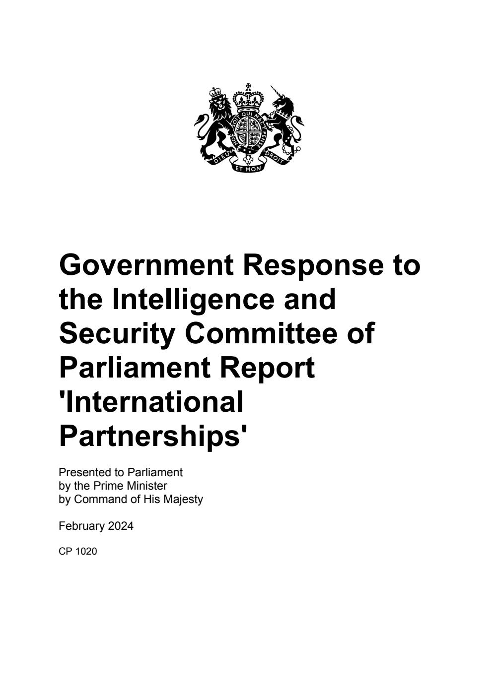 Government Response to the Intelligence and Security Committee of Parliament Report 'International Partnerships'