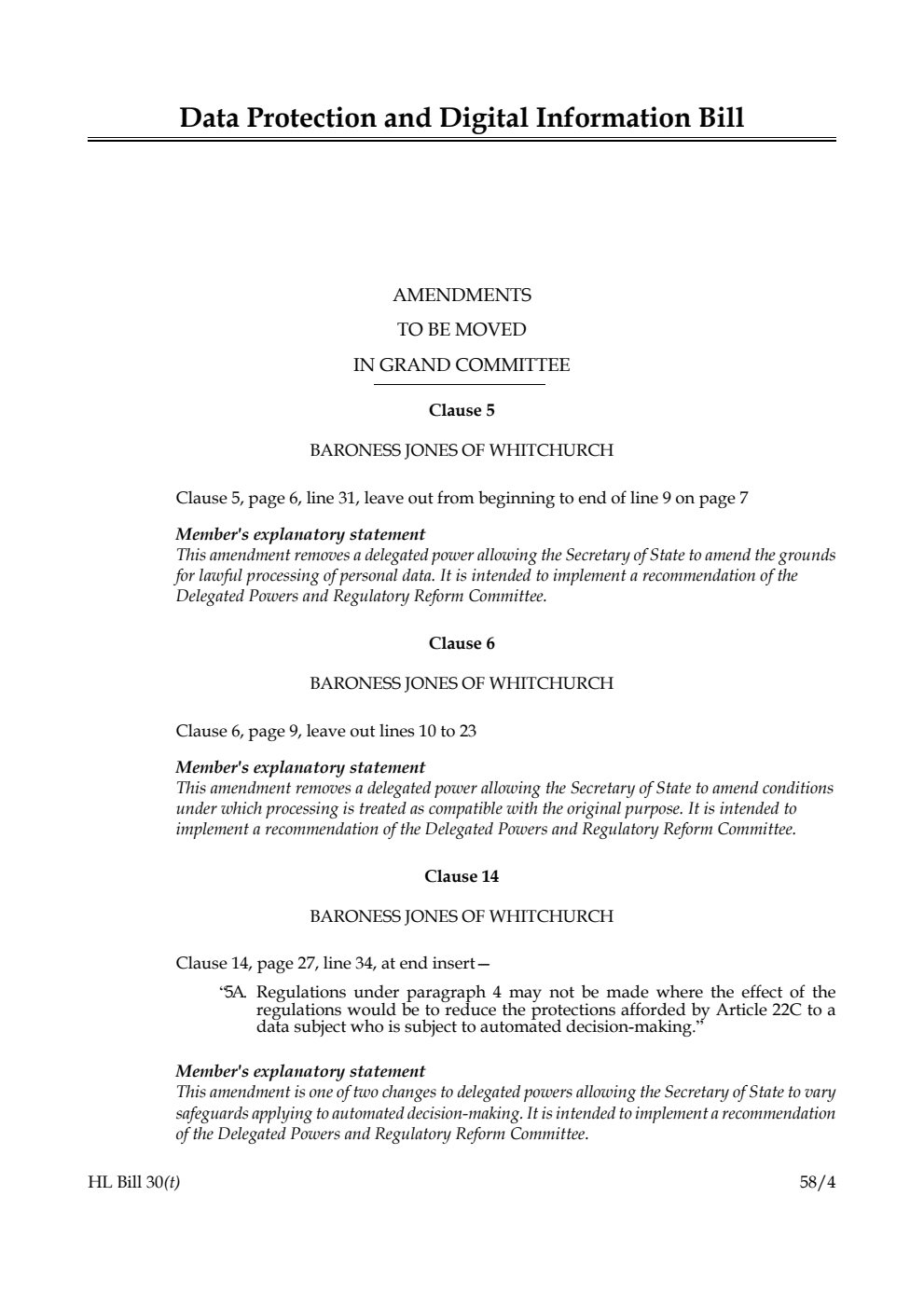 Data Protection and Digital Information Bill Amendments to be moved in Grand Committee