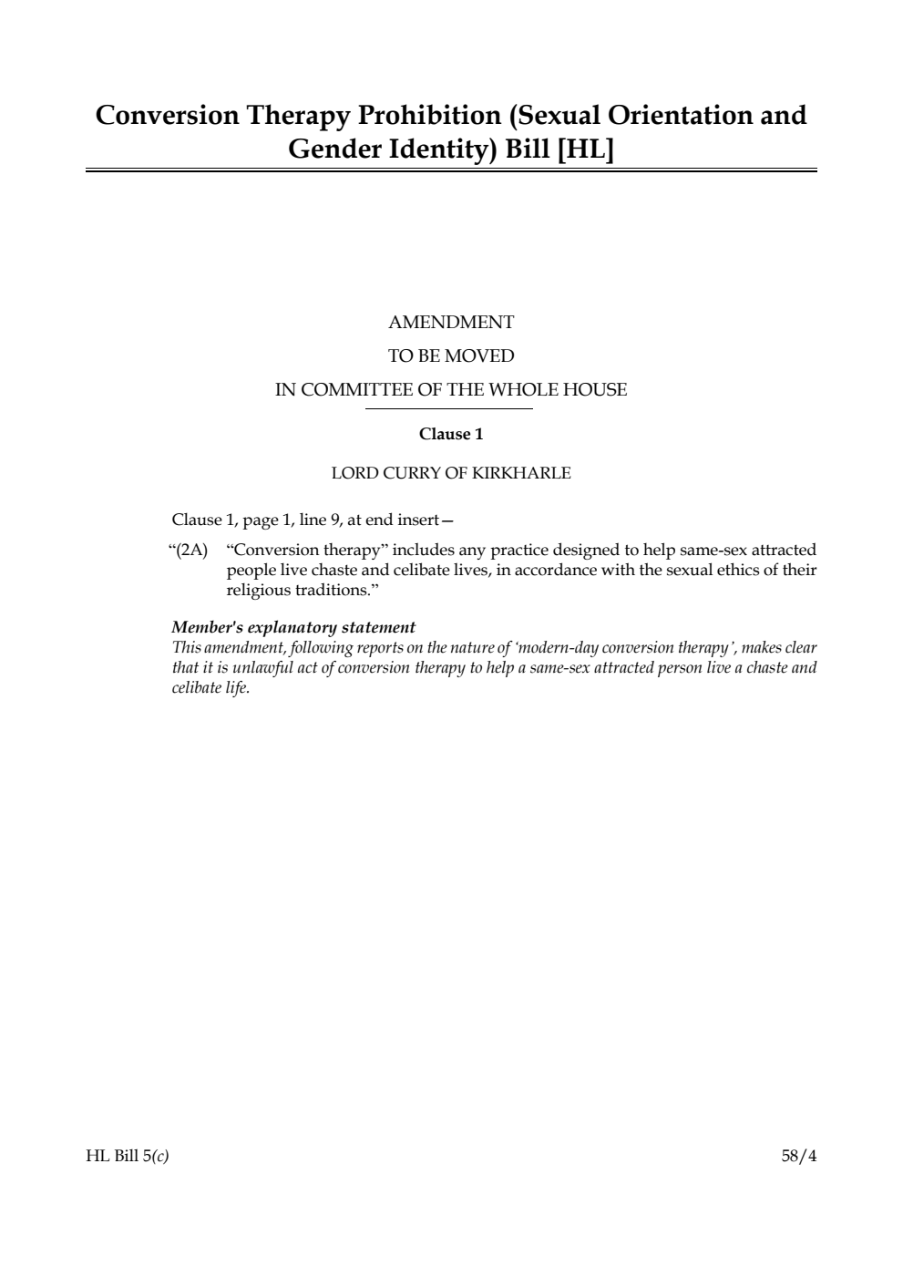 Conversion Therapy Prohibition (Sexual Orientation and Gender Identity) Bill Amendment to be moved in Committee of the Whole House