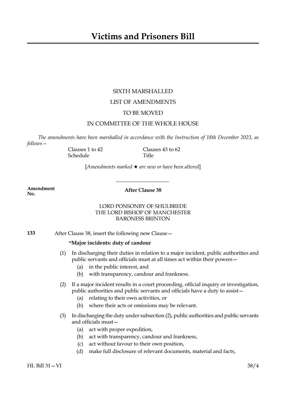 Victims and Prisoners Bill Sixth Marshalled List of amendments to be moved in Committee of the Whole House