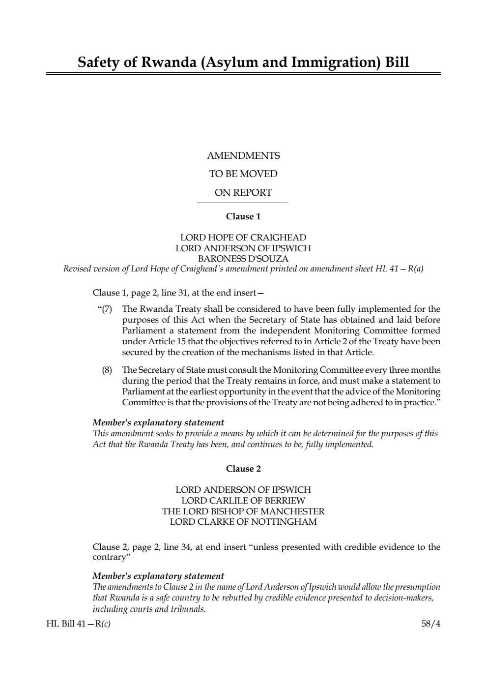 Safety of Rwanda (Asylum and Immigration) Bill Amendments to be moved on report