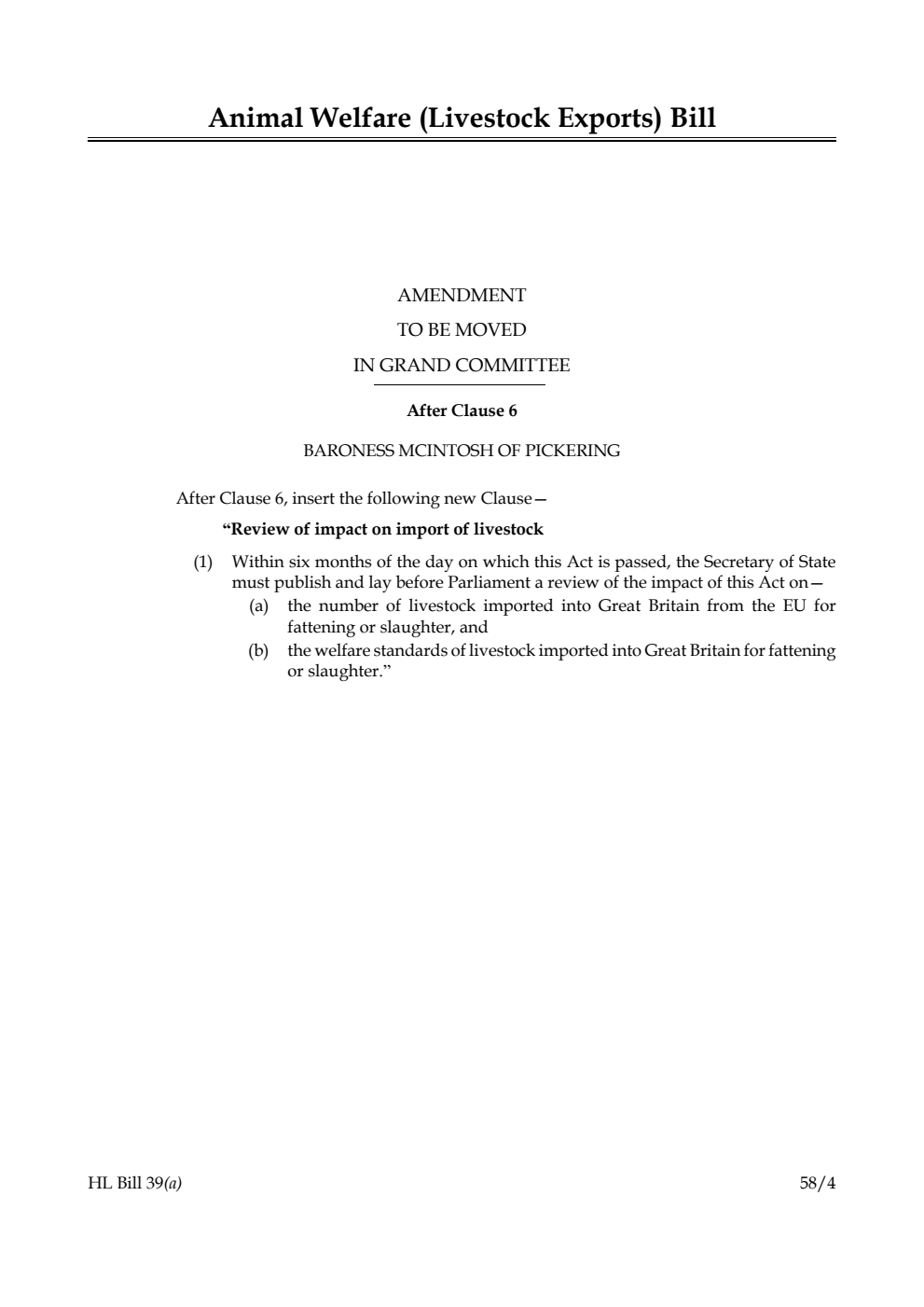 Animal Welfare (Livestock Exports) Bill Amendment to be moved in Grand Committee