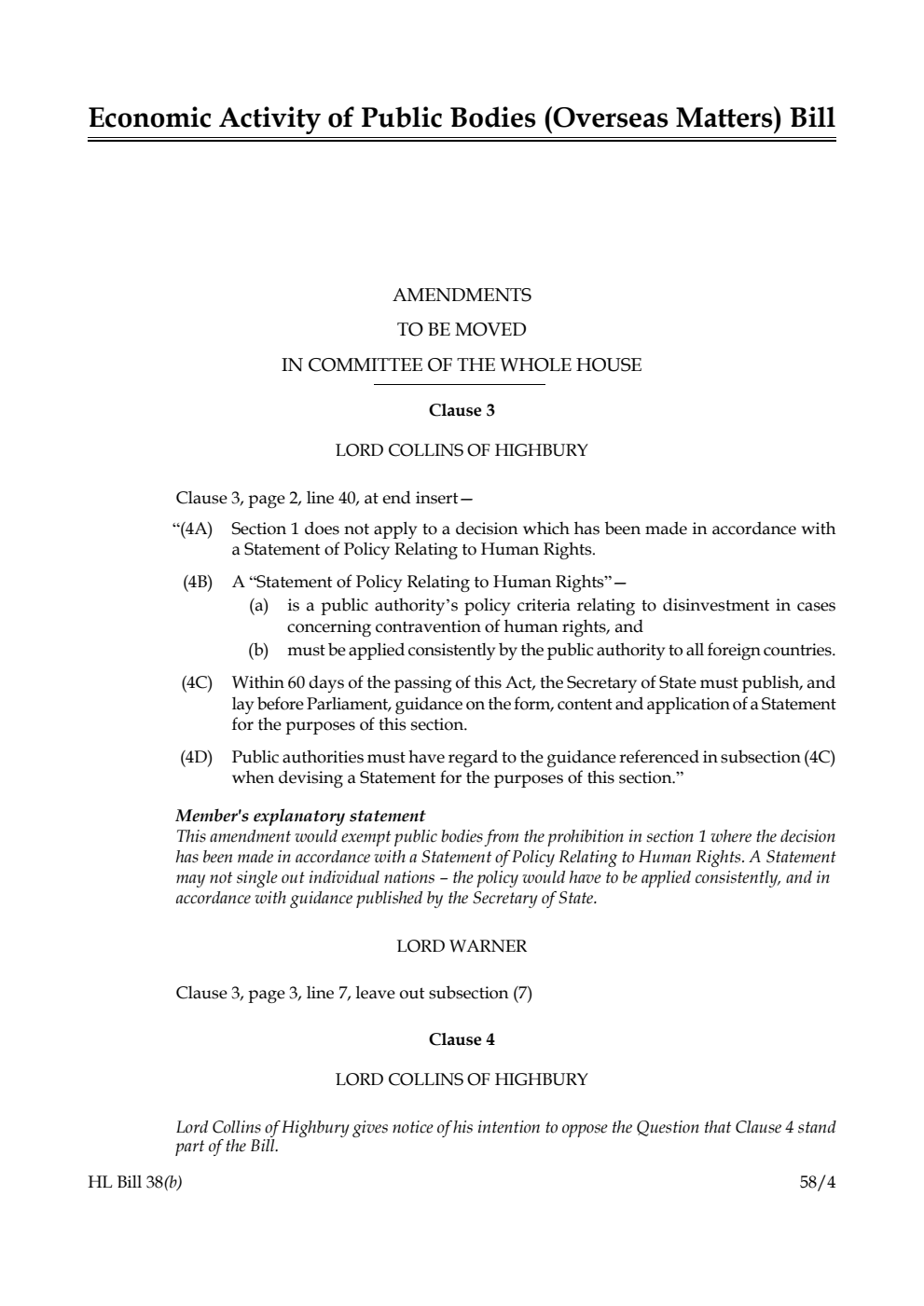 Economic Activity of Public Bodies (Overseas Matters) Bill Amendments to be moved in Committee of the Whole House