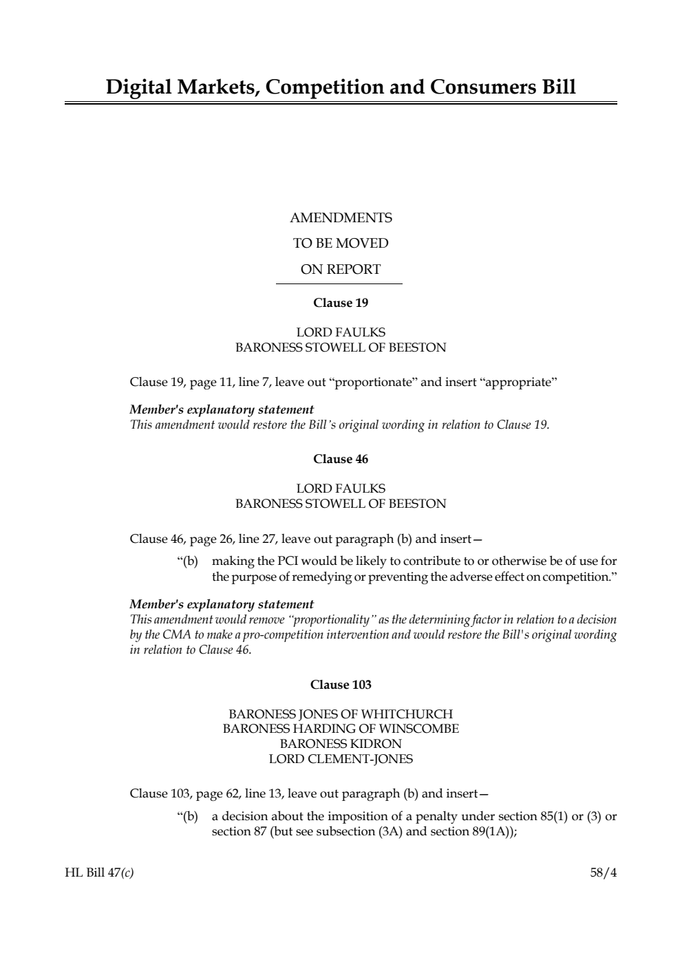 Digital Markets, Competition and Consumers Bill Amendments to be moved on report