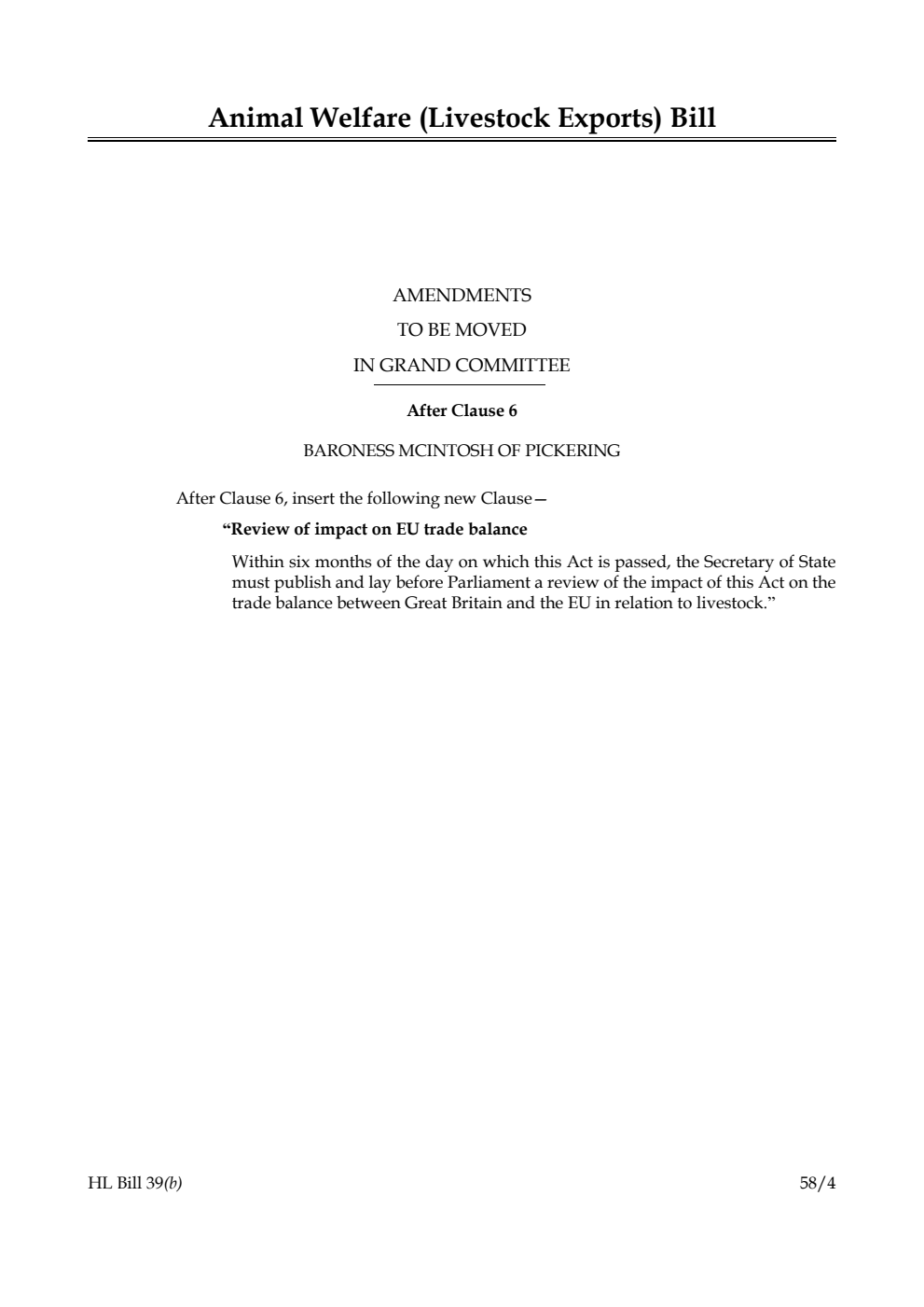 Animal Welfare (Livestock Exports) Bill Amendments to be moved in Grand Committee