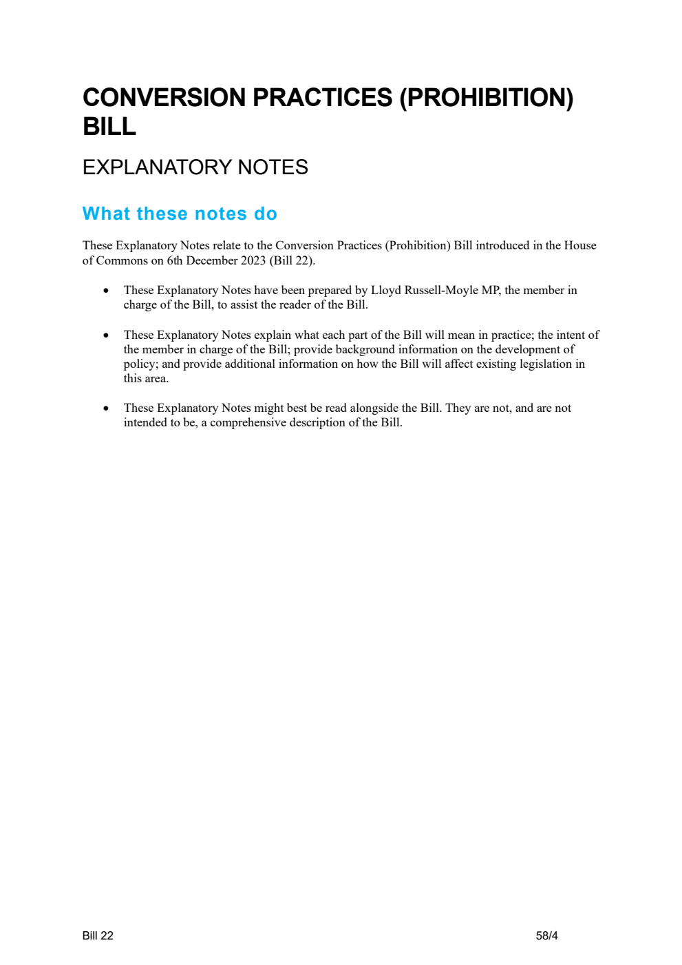 Conversion Practices (Prohibition) Bill Explanatory Notes