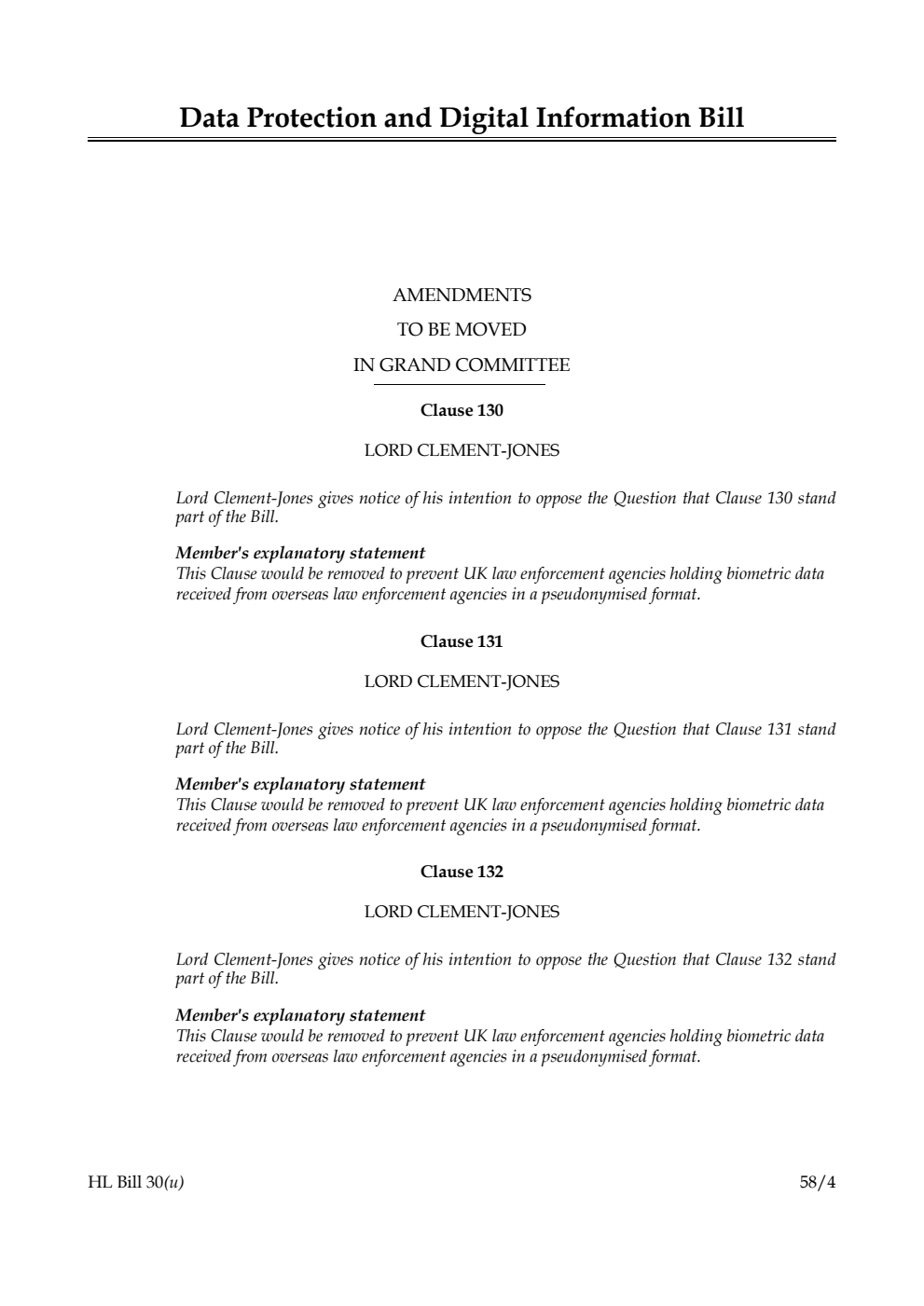 Data Protection and Digital Information Bill Amendments to be moved in Grand Committee