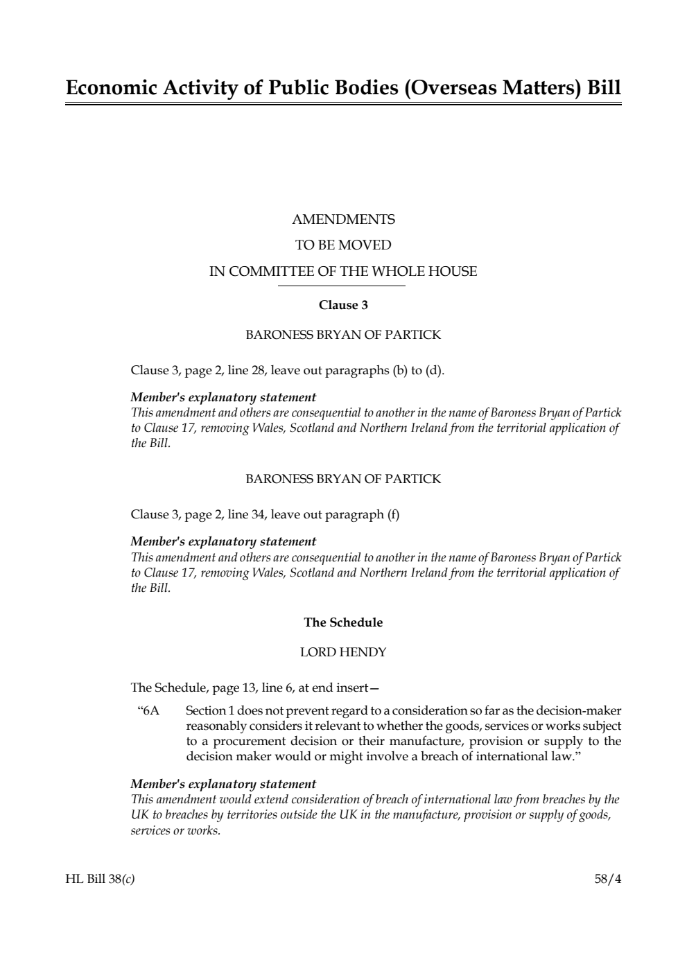 Economic Activity of Public Bodies (Overseas Matters) Bill Amendments to be moved in Committee of the Whole House