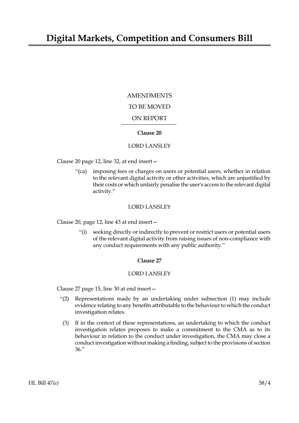 Digital Markets, Competition and Consumers Bill Amendments to be moved on report