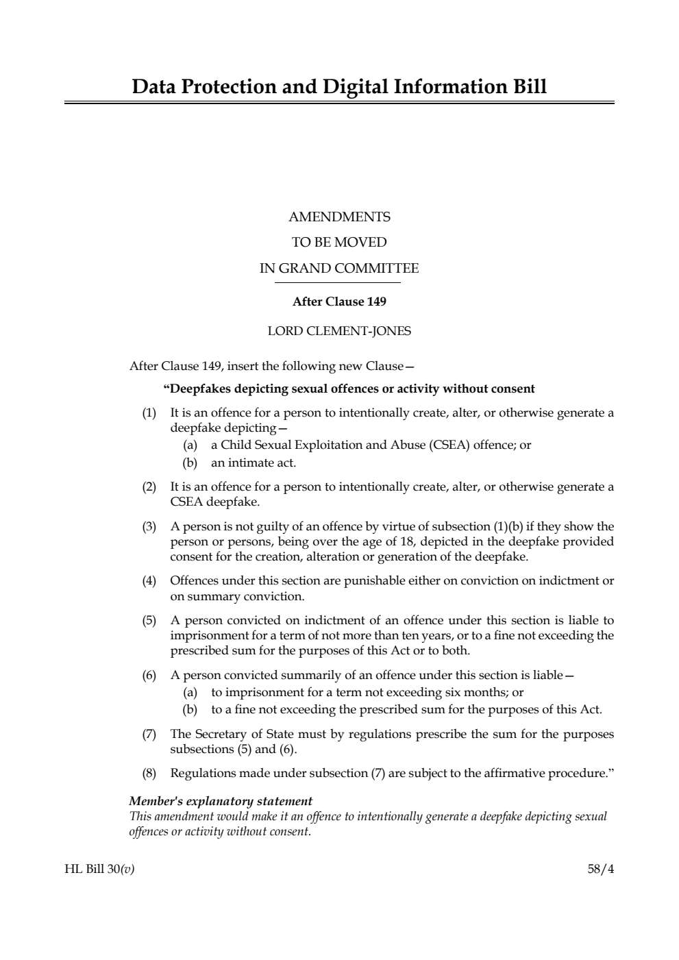 Data Protection and Digital Information Bill Amendments to be moved in Grand Committee