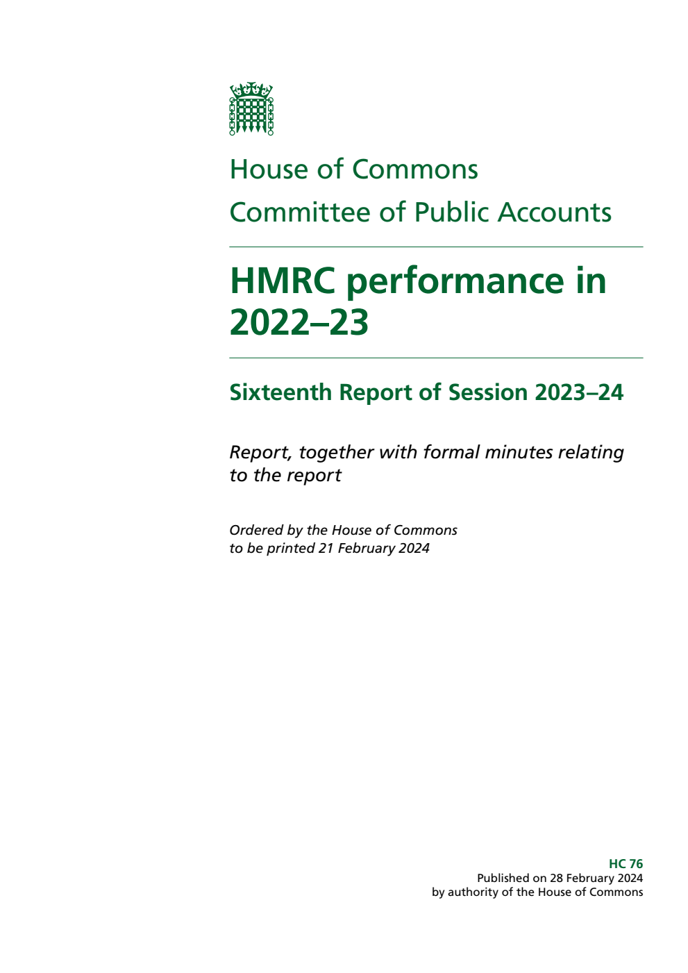 Public Accounts Committee 16th Report. HMRC performance in 2022–23 Volume 1. Report