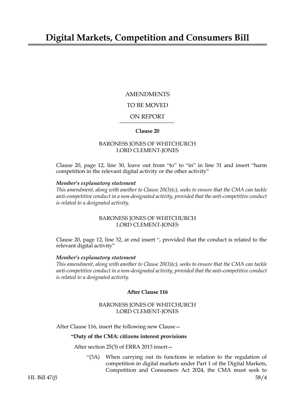 Digital Markets, Competition and Consumers Bill Amendments to be moved on report