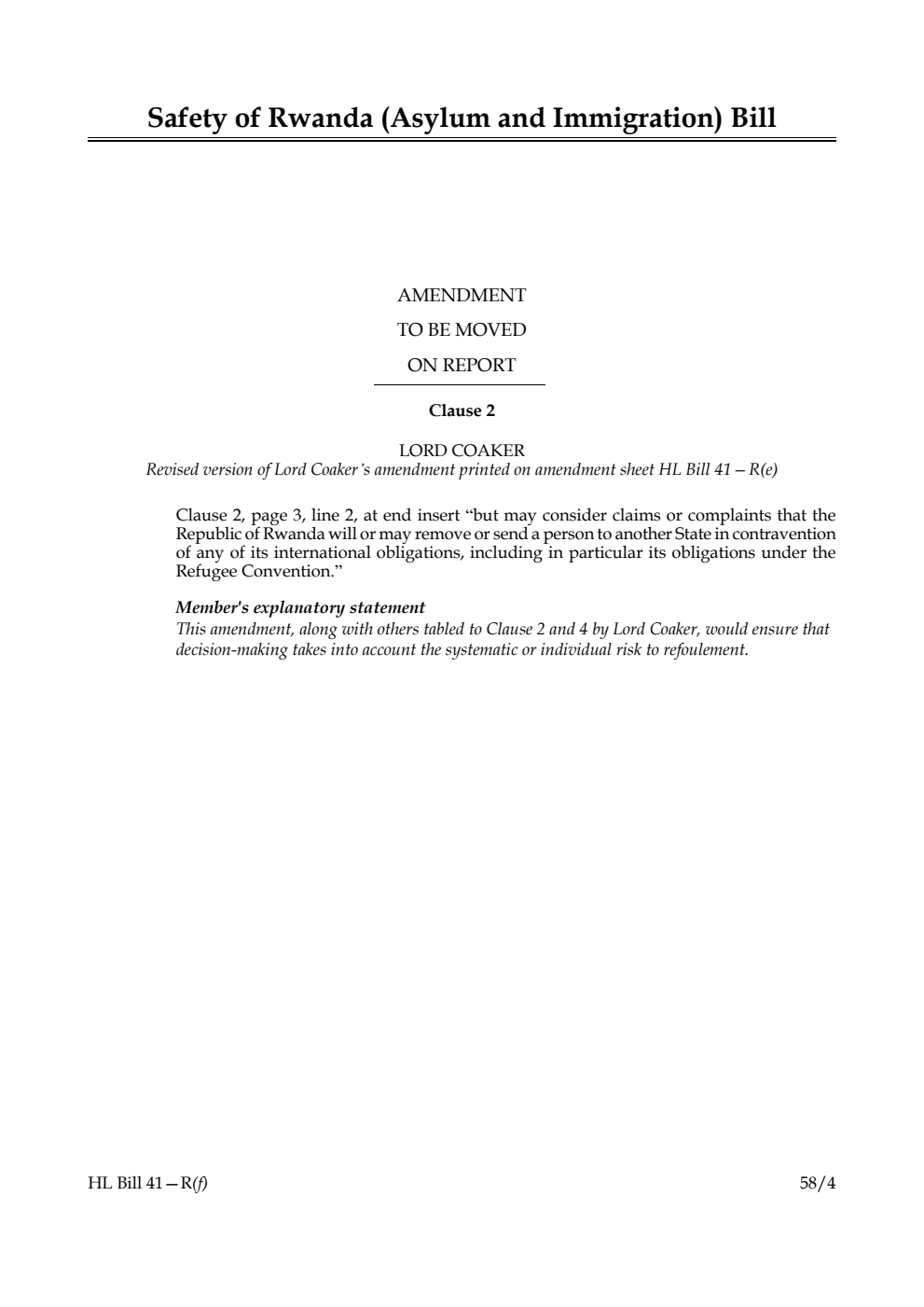 Safety of Rwanda (Asylum and Immigration) Bill Amendment to be moved on report