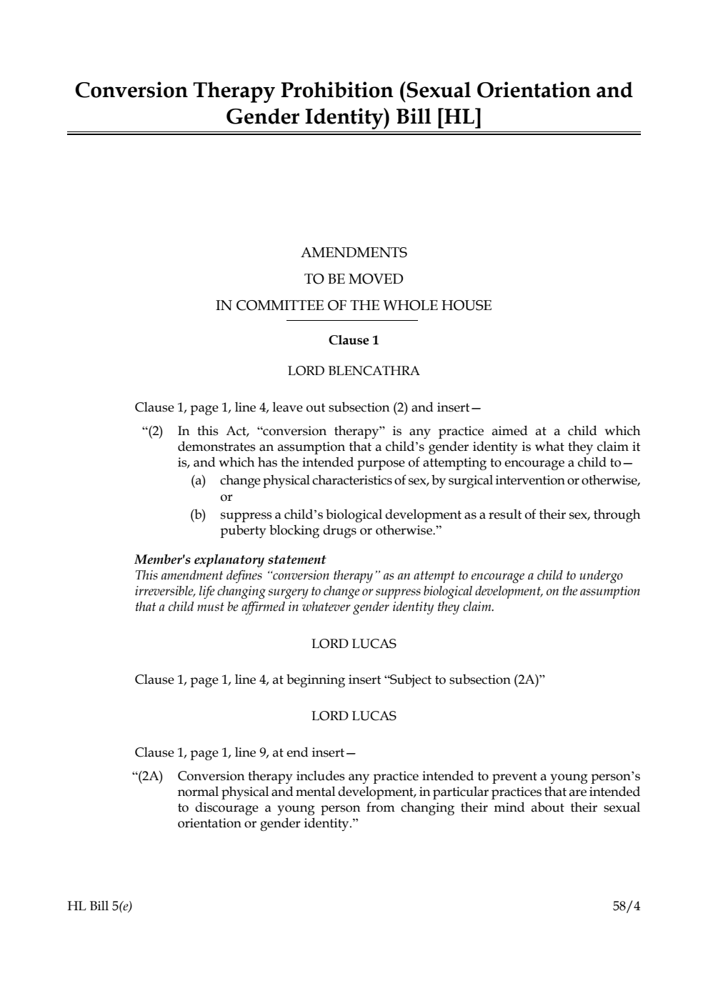 Conversion Therapy Prohibition (Sexual Orientation and Gender Identity) Bill Amendments to be moved in Committee of the Whole House
