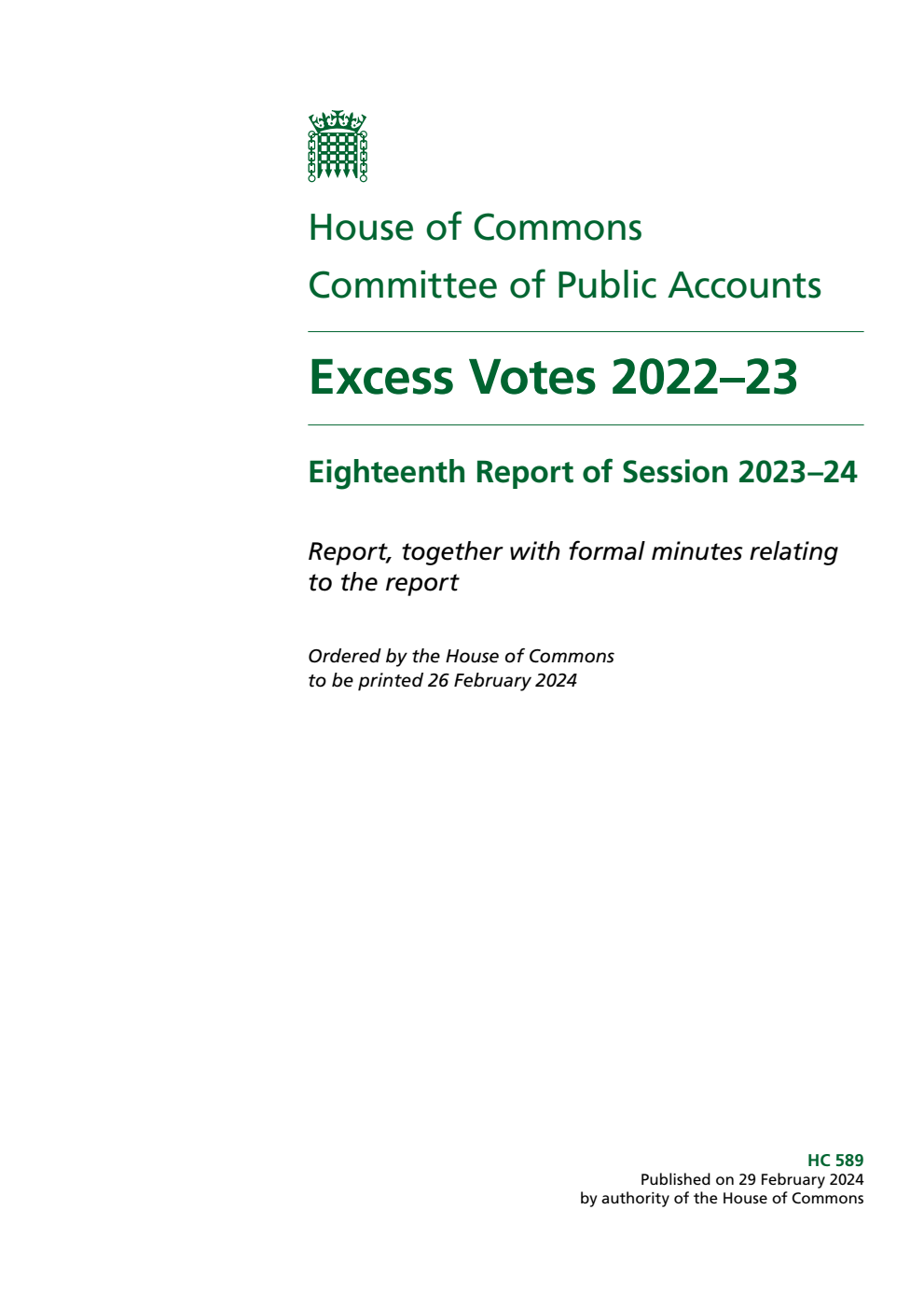 Public Accounts Committee 18th Report. Excess Votes 2022–23