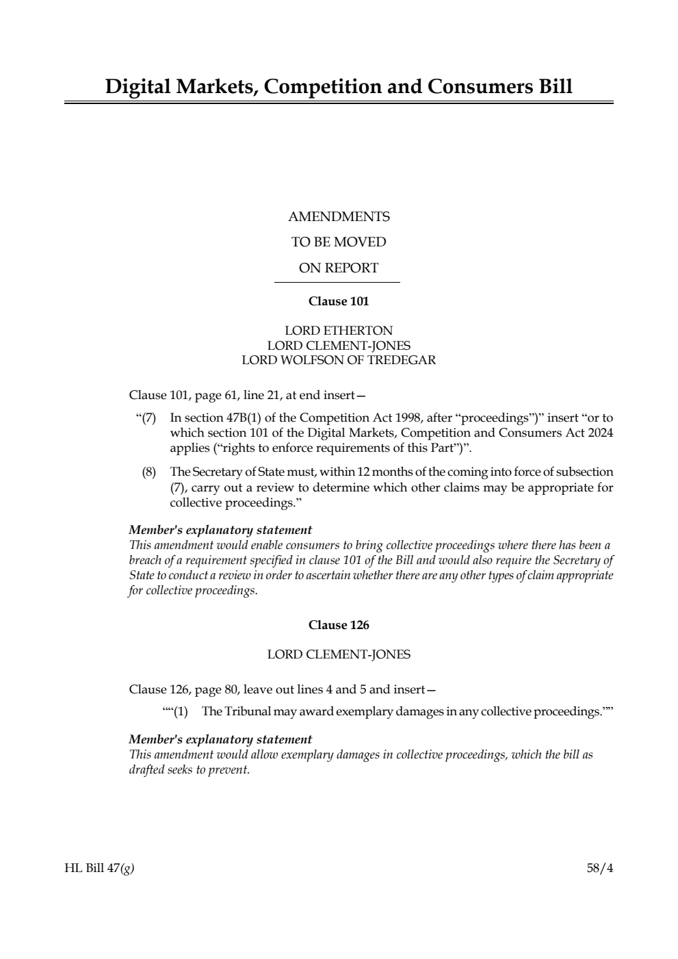 Digital Markets, Competition and Consumers Bill Amendments to be moved on report