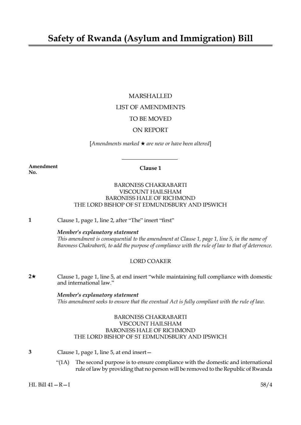 Safety of Rwanda (Asylum and Immigration) Bill Marshalled List of amendments to be moved on report